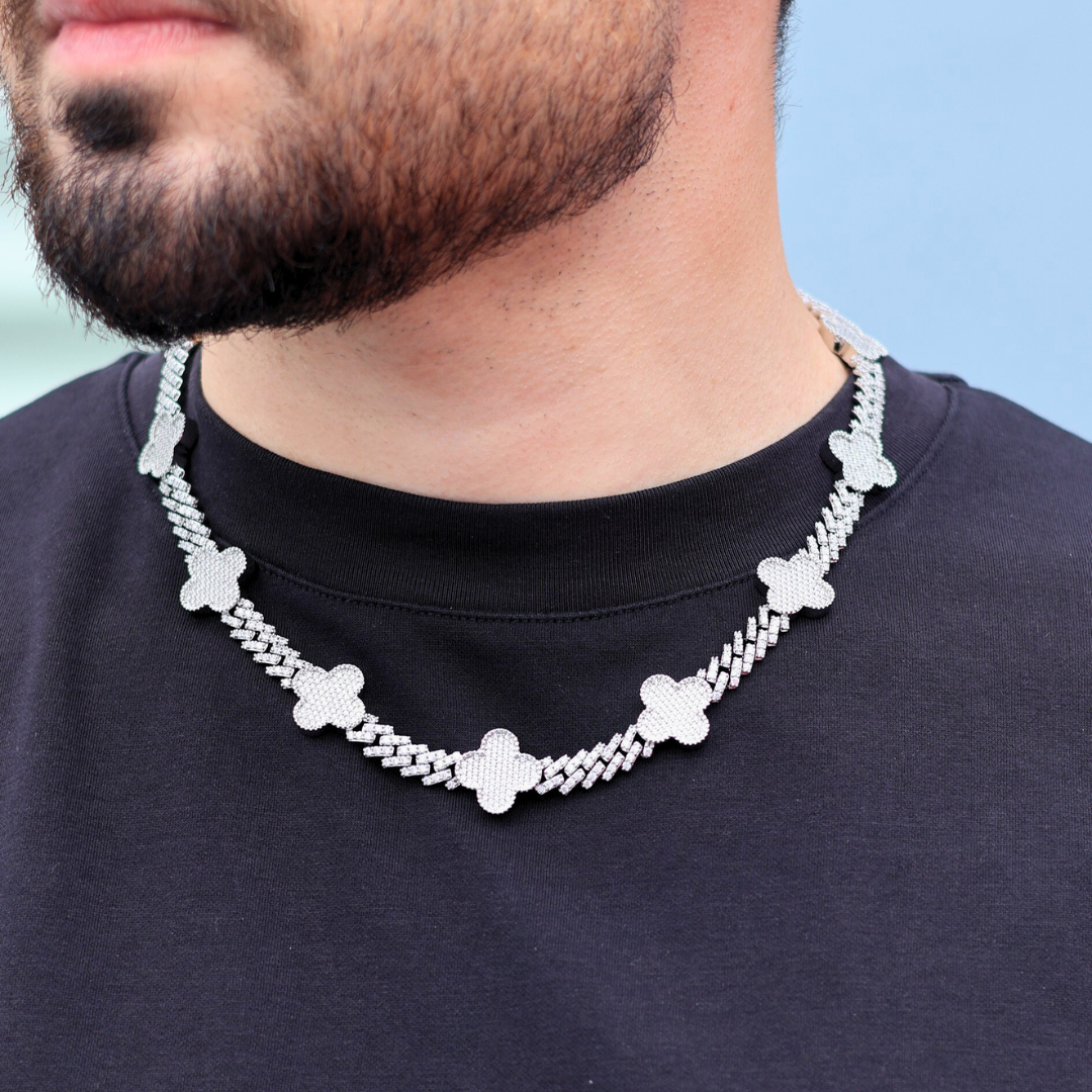 Clover Iced Prong Cuban Chain (Silver) - 8mm