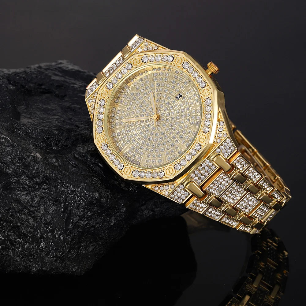 "King Frost" Iced Out Men’s Gold Watch and Miami Cuban Bracelet Luxury Bundle