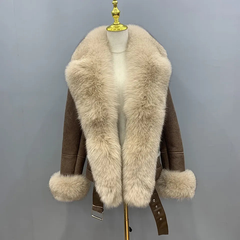 Veste en cuir de luxe en véritable fourrure de renard