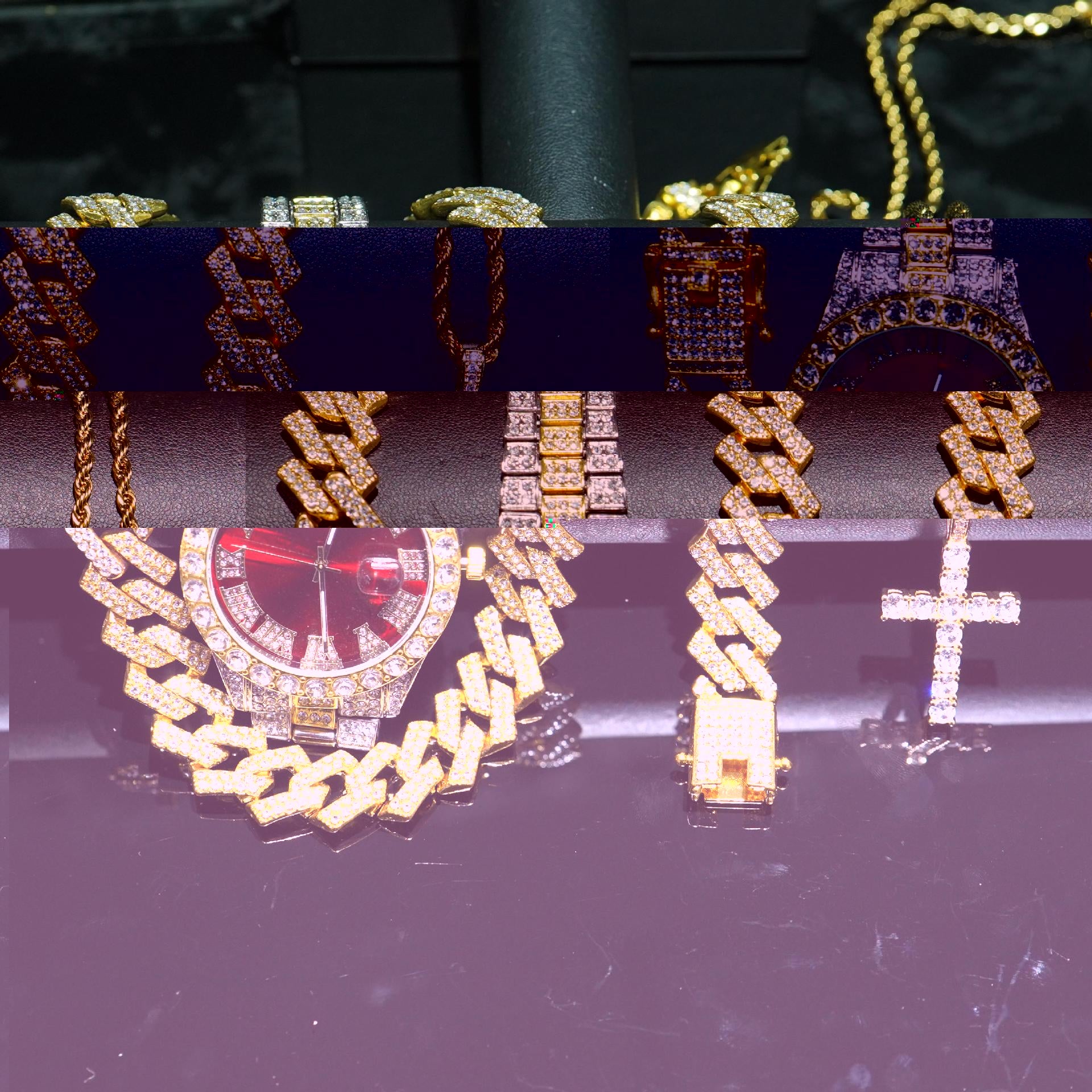 Coffret de 4 montres glacées VVS Jewelry, chaîne cubaine, bracelet et croix