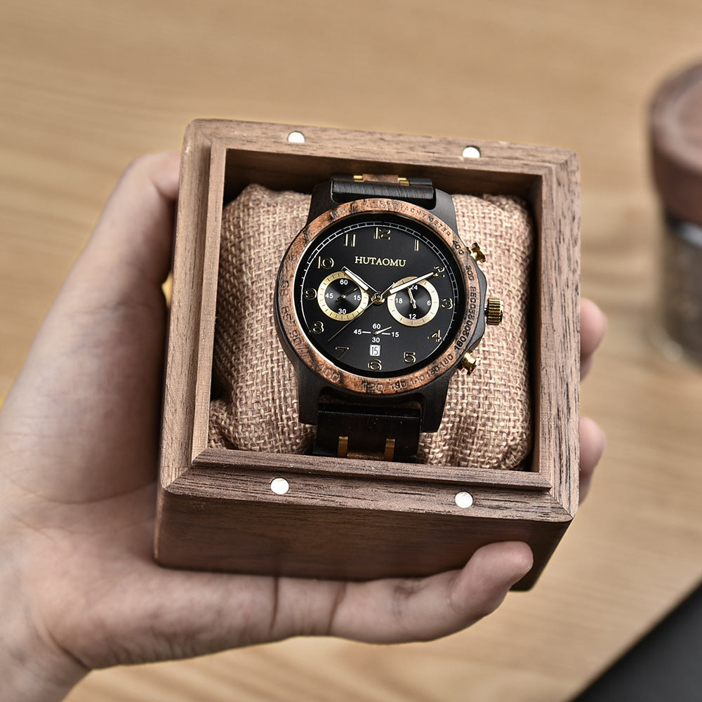 Vintage Chronograph with Luminous Hands & Calendar Wood Grain Men's Watch