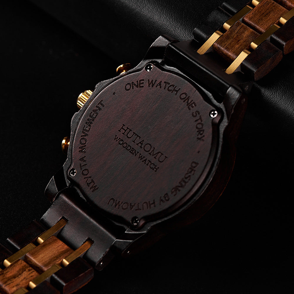 Vintage Chronograph with Luminous Hands & Calendar Wood Grain Men's Watch