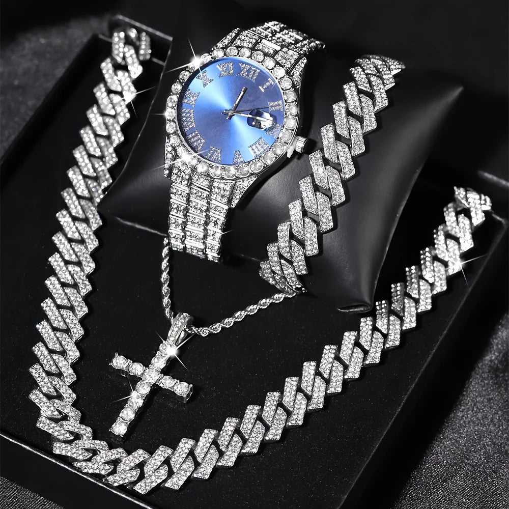 Coffret de 4 montres glacées VVS Jewelry, chaîne cubaine, bracelet et croix