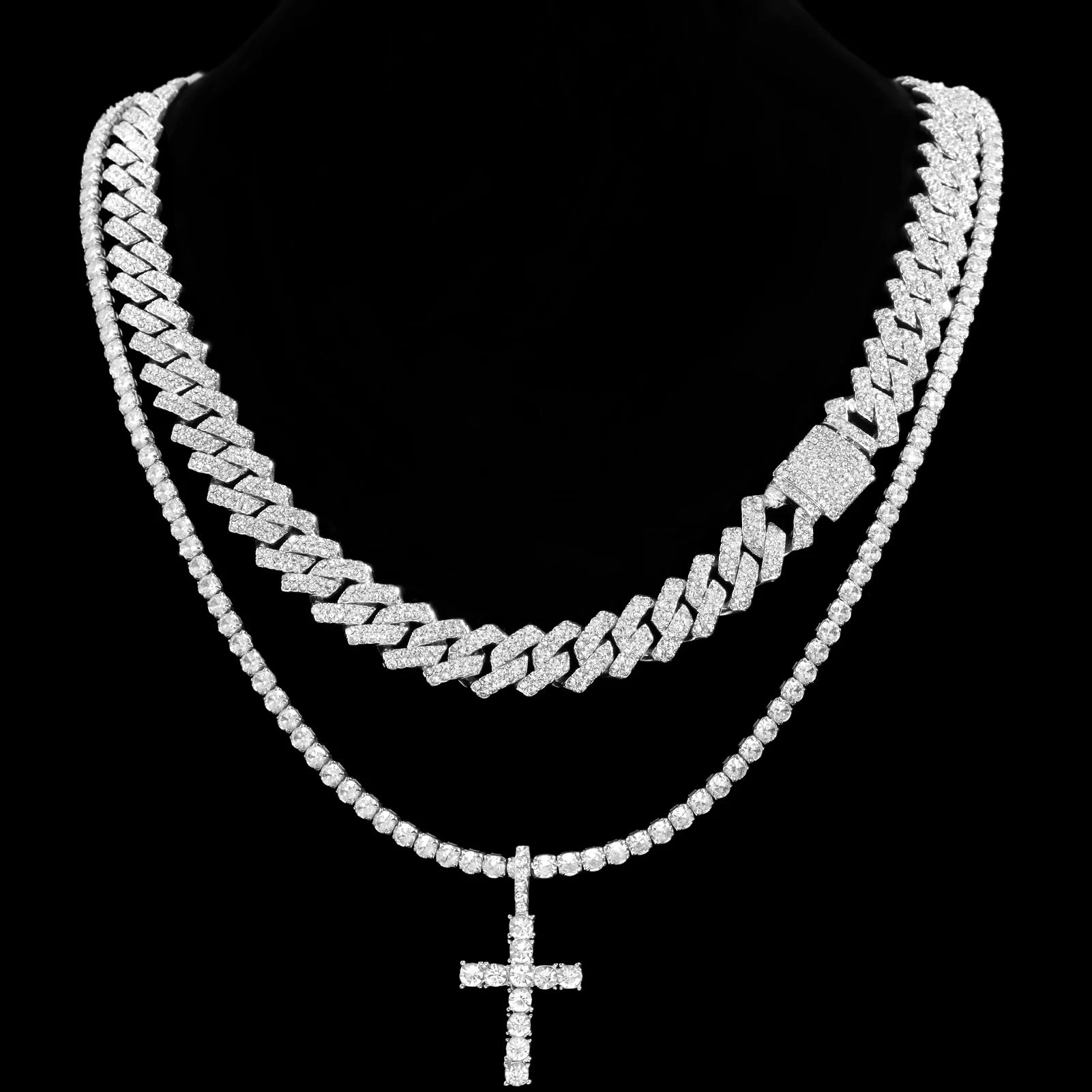 2-Piece Iced Out Bundle: 14MM Cuban + Tennis Cross Chain
