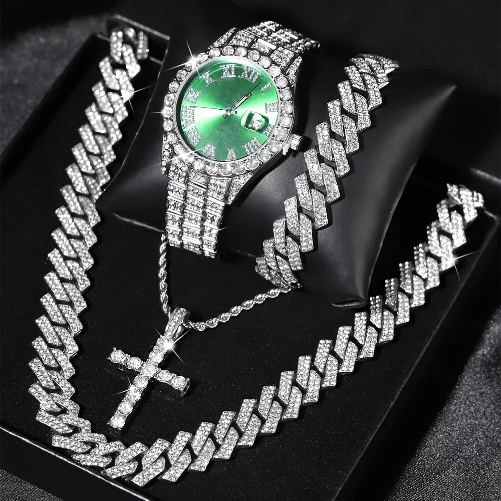 Coffret de 4 montres glacées VVS Jewelry, chaîne cubaine, bracelet et croix