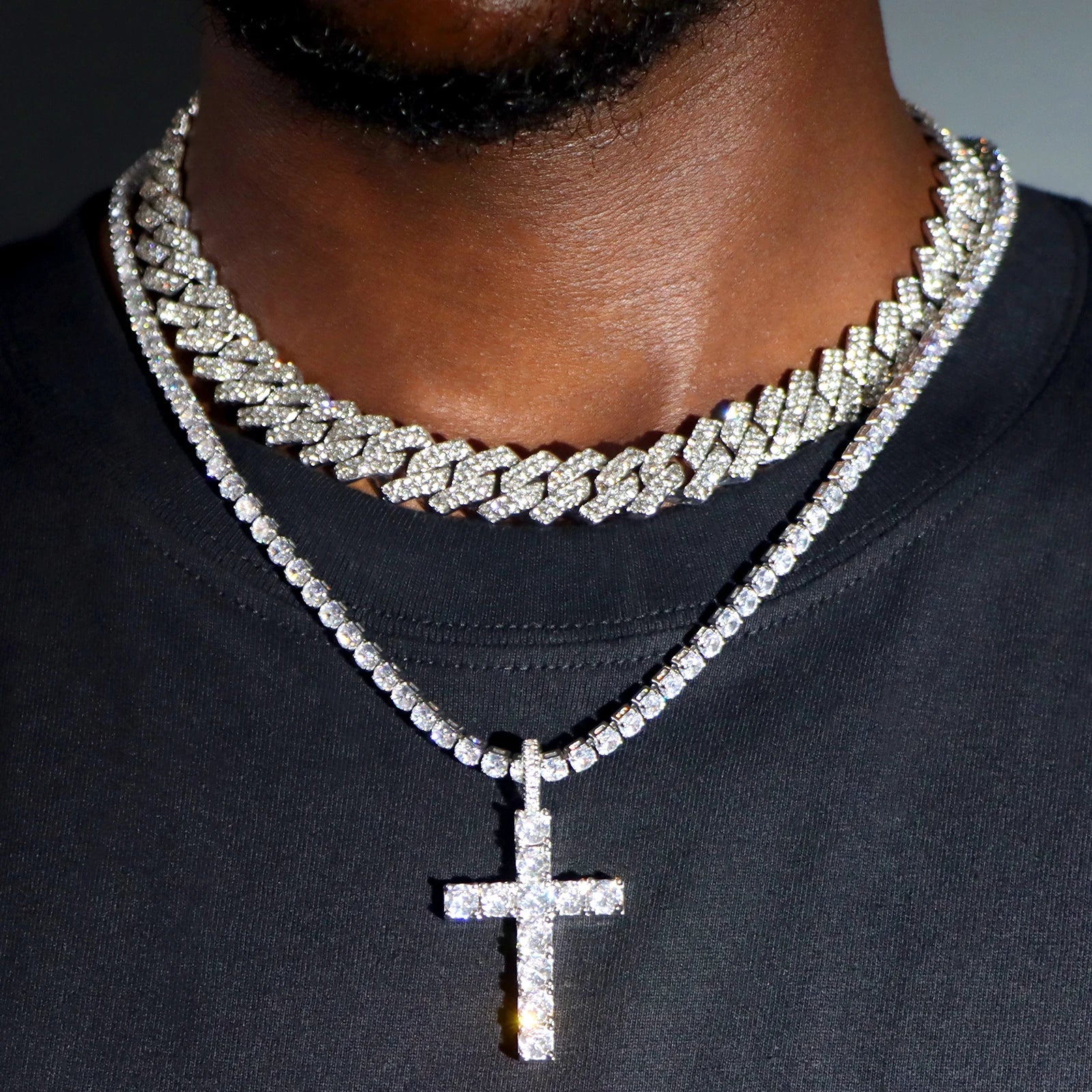2-Piece Iced Out Bundle: 14MM Cuban + Tennis Cross Chain