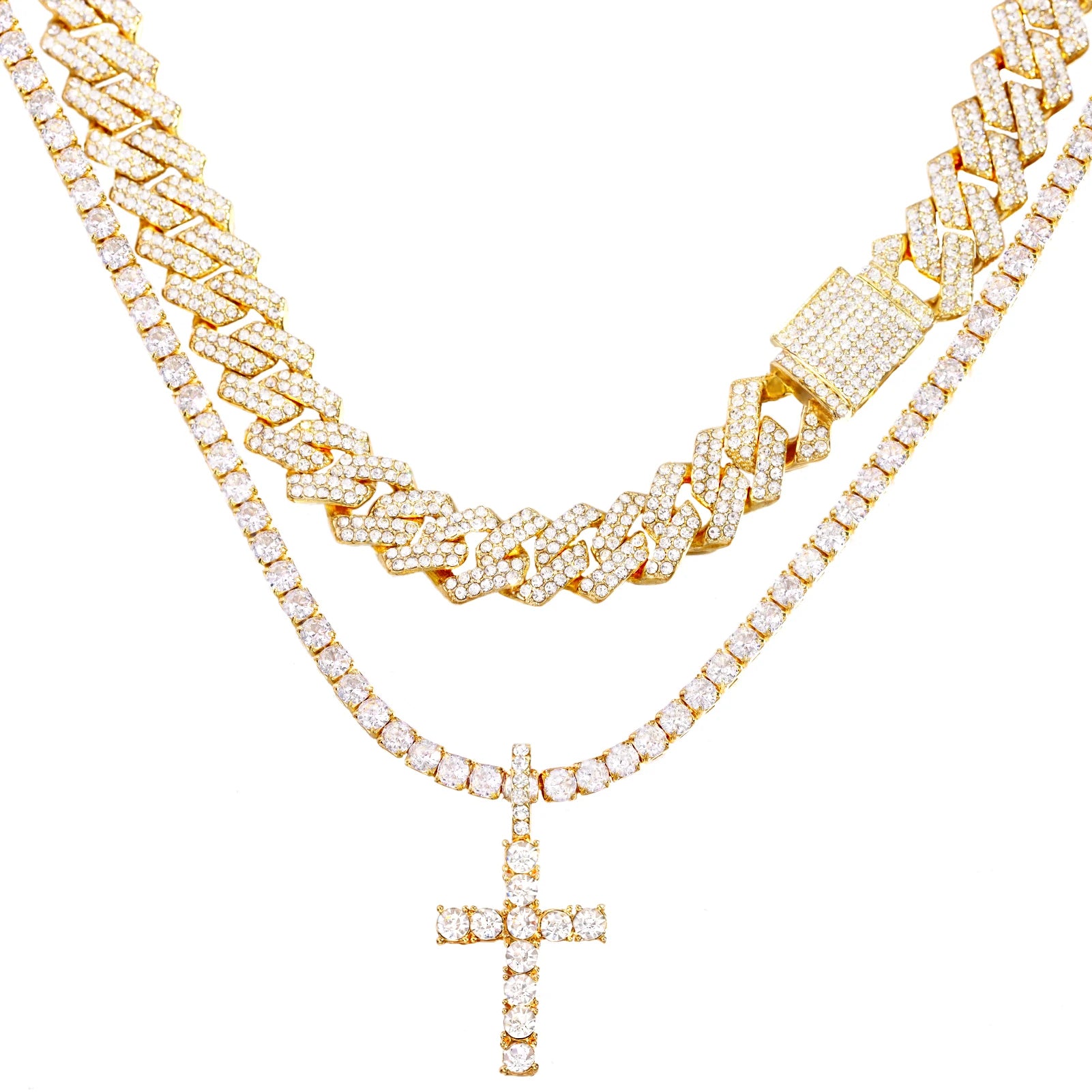 2-Piece Iced Out Bundle: 14MM Cuban + Tennis Cross Chain