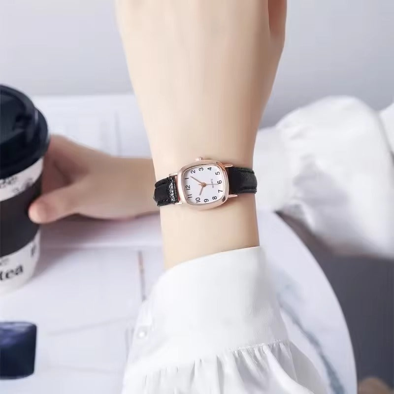 Montre femme rétro carrée marron avec bracelet en cuir