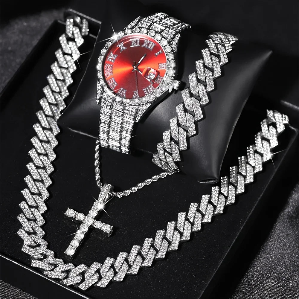 Coffret de 4 montres glacées VVS Jewelry, chaîne cubaine, bracelet et croix
