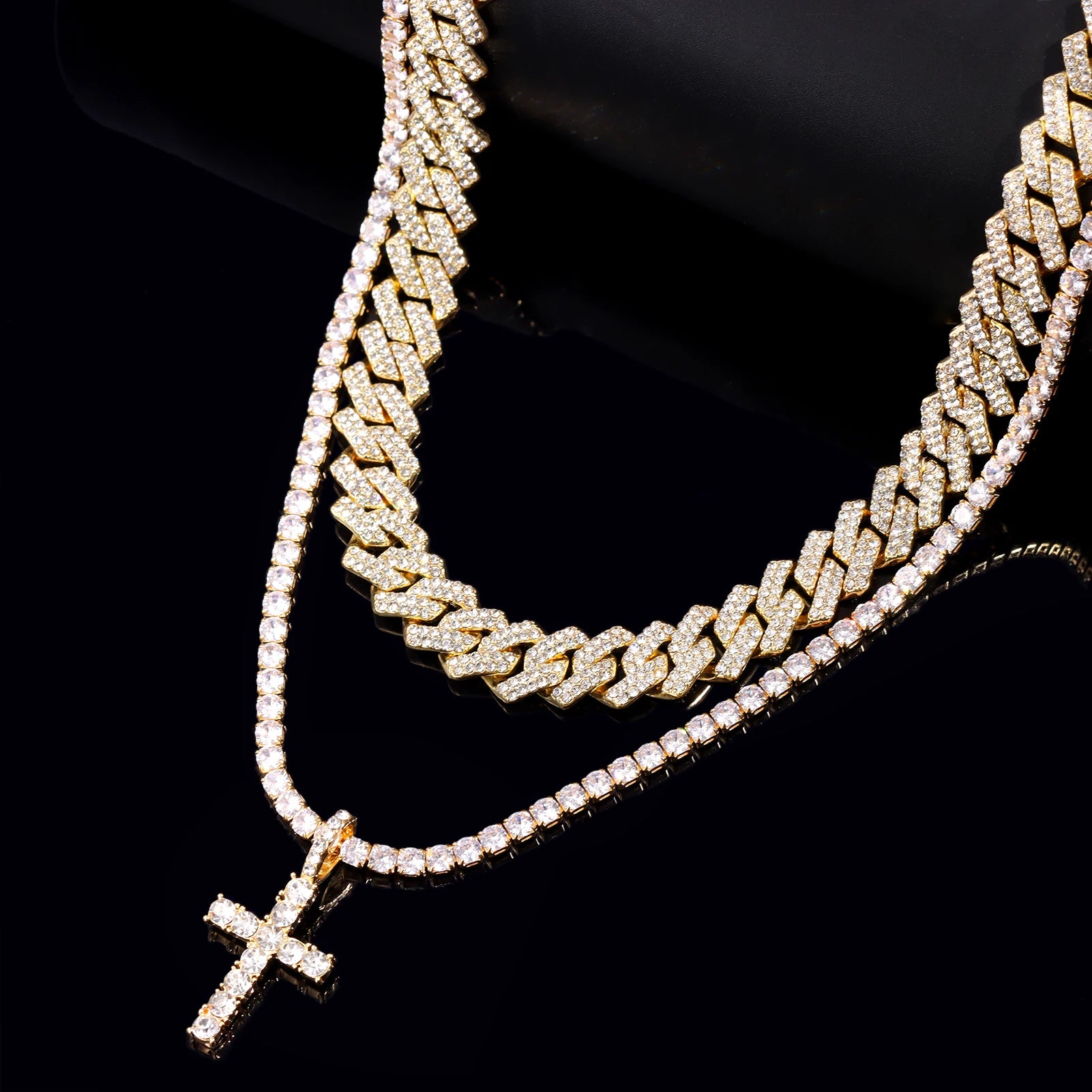 2-Piece Iced Out Bundle: 14MM Cuban + Tennis Cross Chain