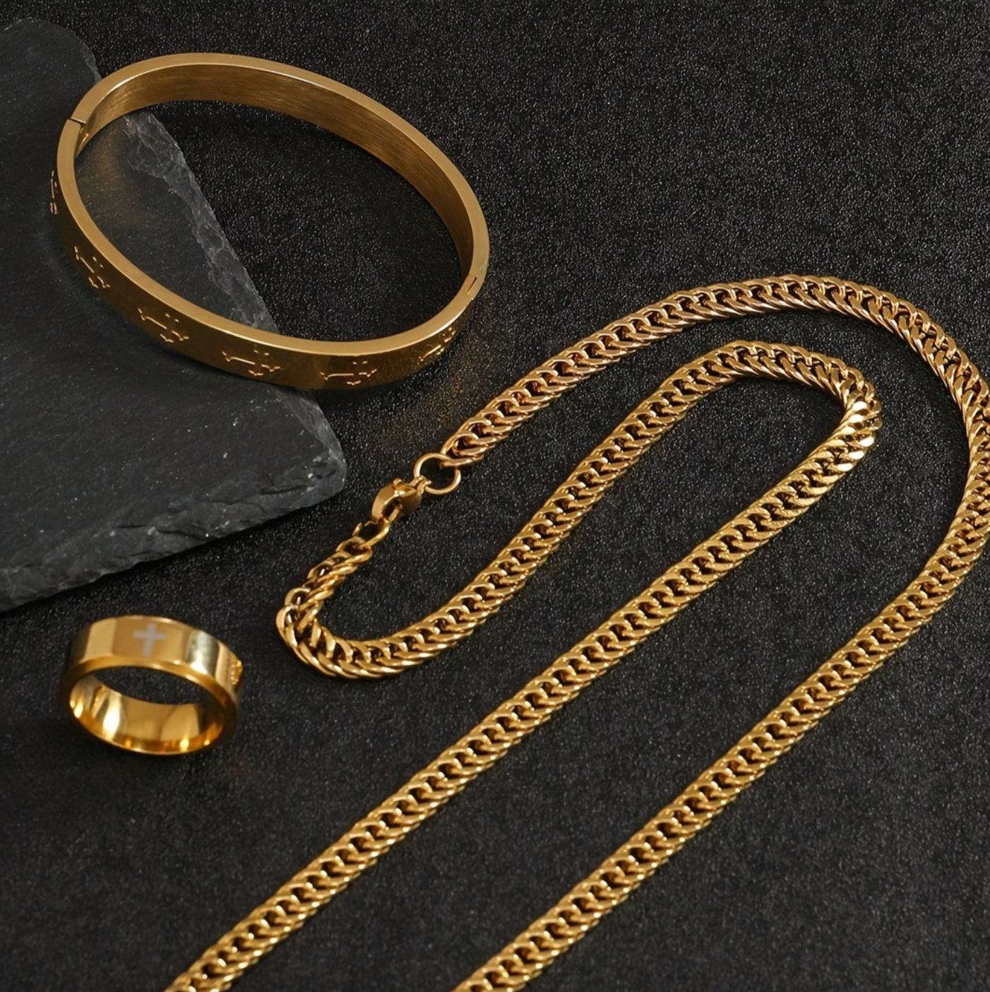 Grillz Boss Glory Gold Cuban Chain Cross Bangle and Cross Ring Bundle