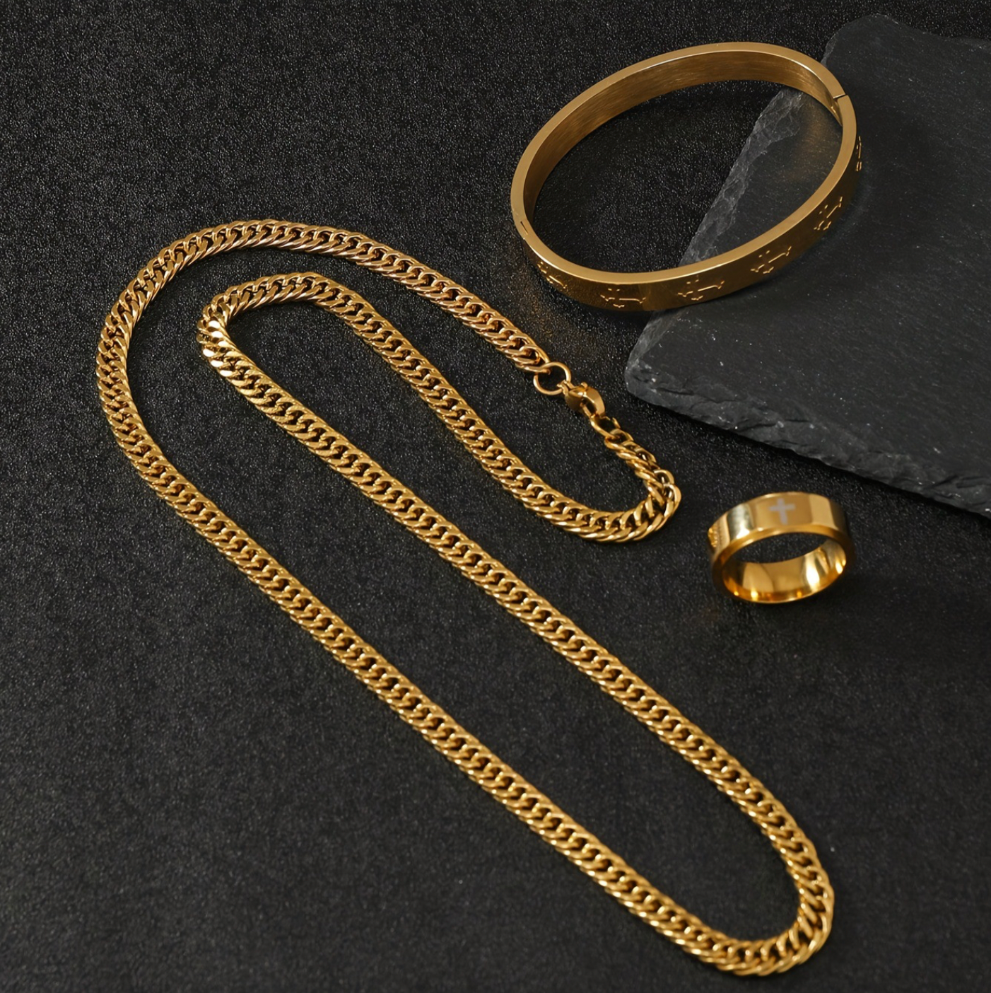 Grillz Boss Glory Gold Cuban Chain Cross Bangle and Cross Ring Bundle