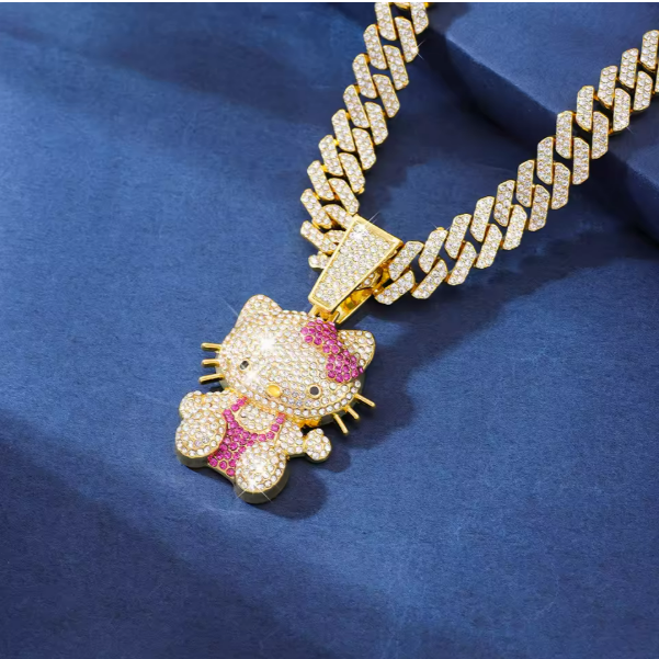 Diamond Hello Kitty Cuban Chain Pendant Necklace