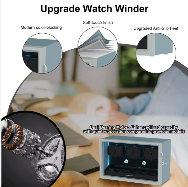 Aurora Blue Light 6+6 Watch Winder with Extra Storage and Quiet Motors