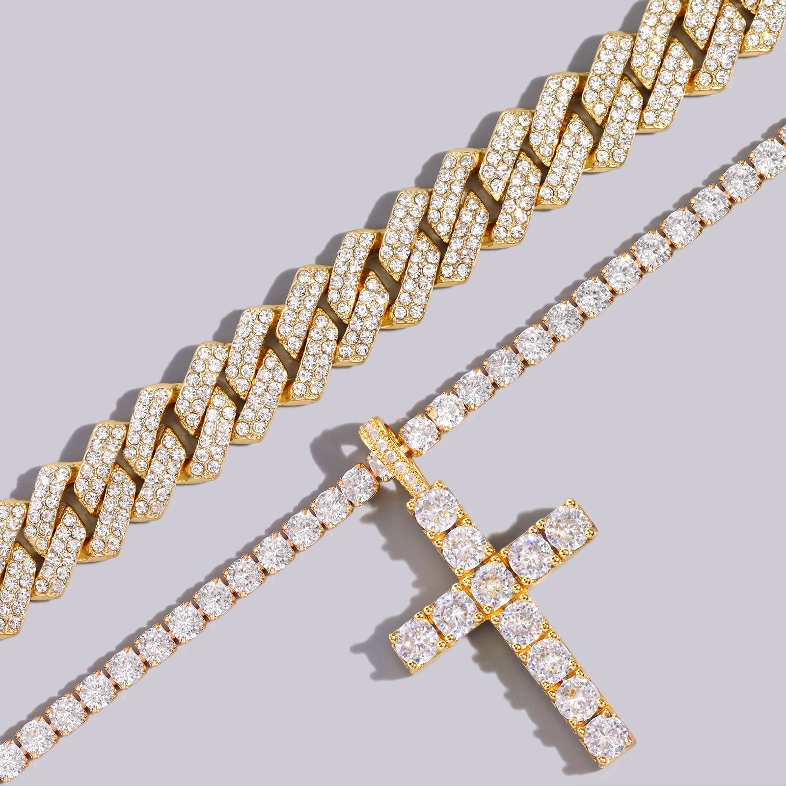 2-Piece Iced Out Bundle: 14MM Cuban + Tennis Cross Chain