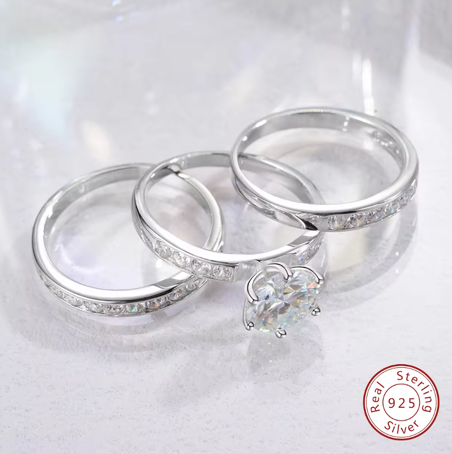 2CT Three Row Diamond 925 Sterling Silver Moissanite Ring