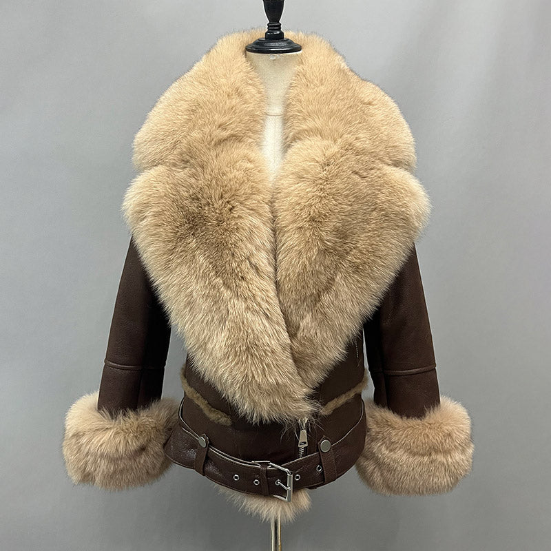 Veste en cuir de luxe en véritable fourrure de renard