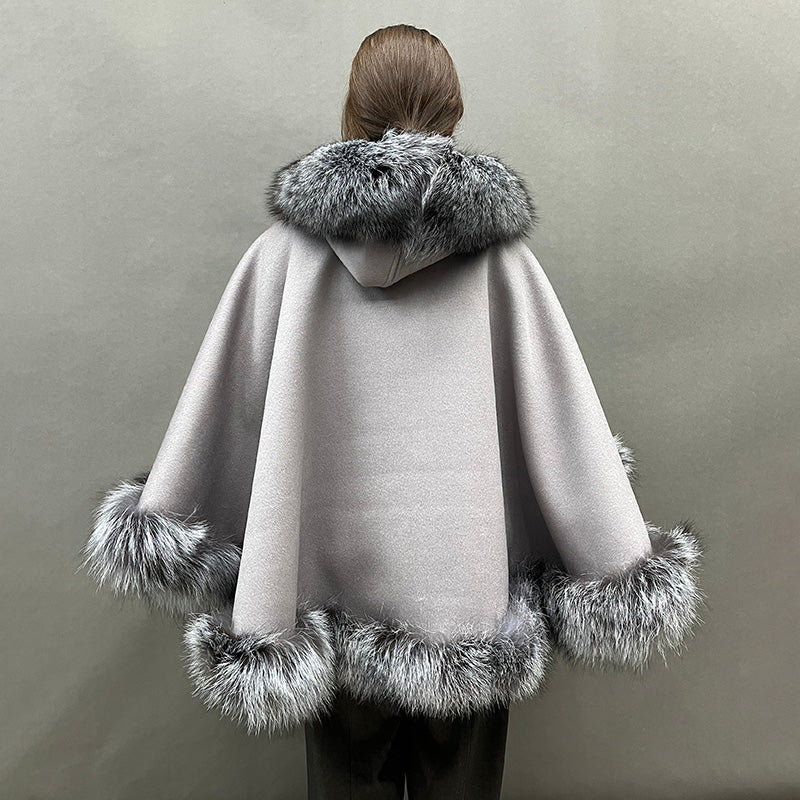 Emily Cashmere Poncho Style Real Fox Fur Coat with Fox Fur Hood