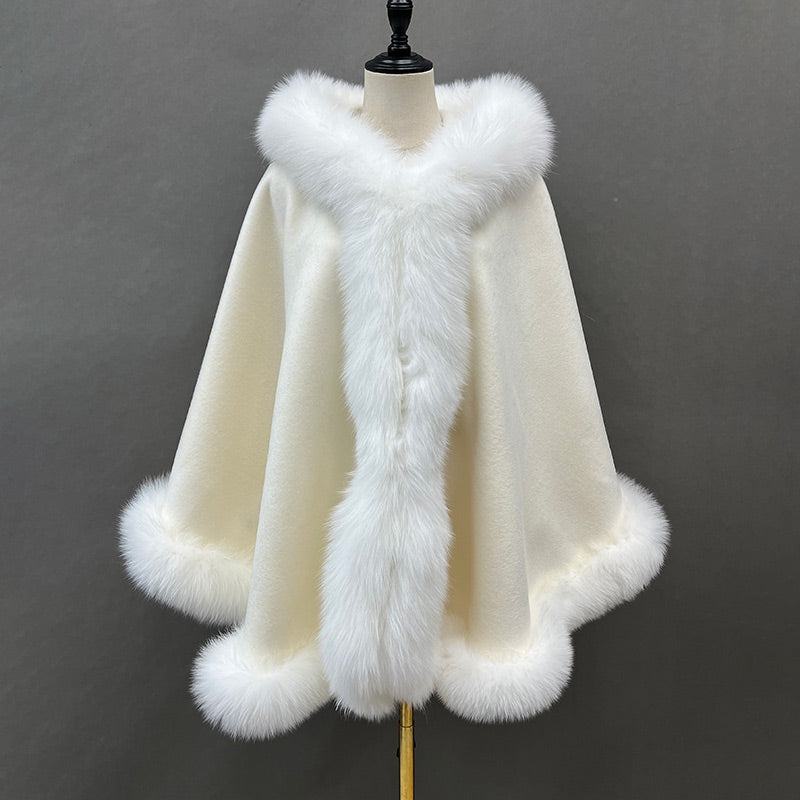 Emily Cashmere Poncho Style Real Fox Fur Coat with Fox Fur Hood