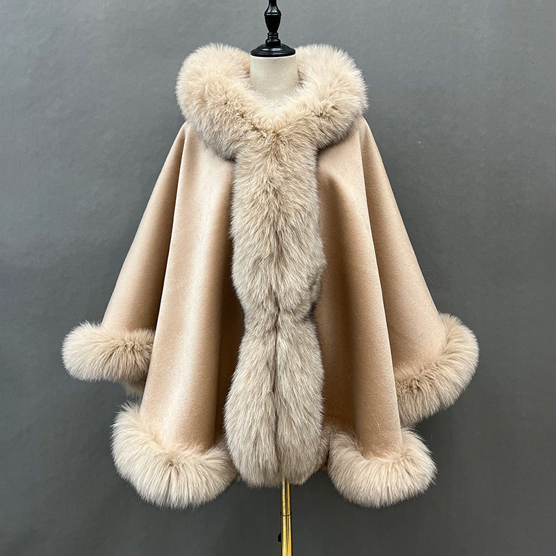 Emily Cashmere Poncho Style Real Fox Fur Coat with Fox Fur Hood