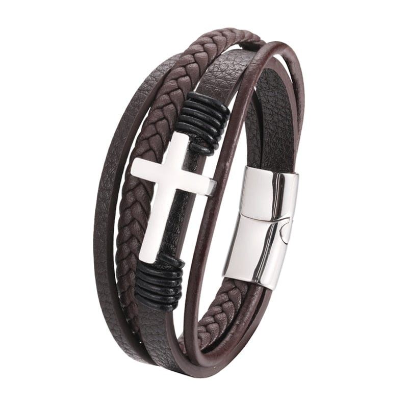 VVS Jewelry hip hop jewelry bracelets Silver / 18.5cm Multi-Layer Cross Leather Bracelet