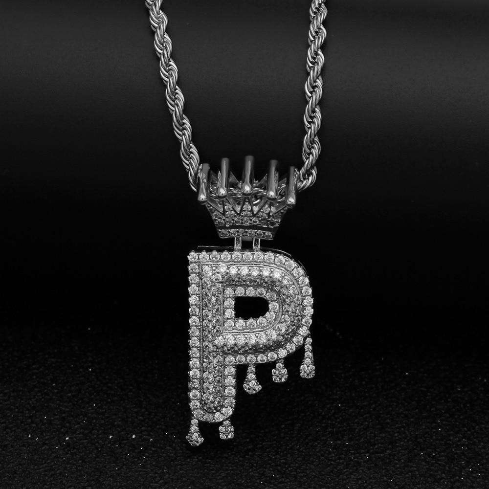 VVS Jewelry hip hop jewelry Gold/Silver Crown Ice Drip Bubble Initial Letter Pendant Necklace
