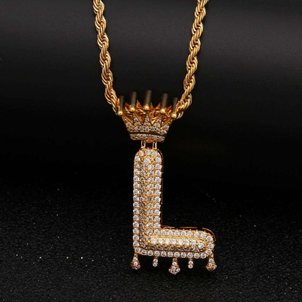 VVS Jewelry hip hop jewelry Gold/Silver Crown Ice Drip Bubble Initial Letter Pendant Necklace