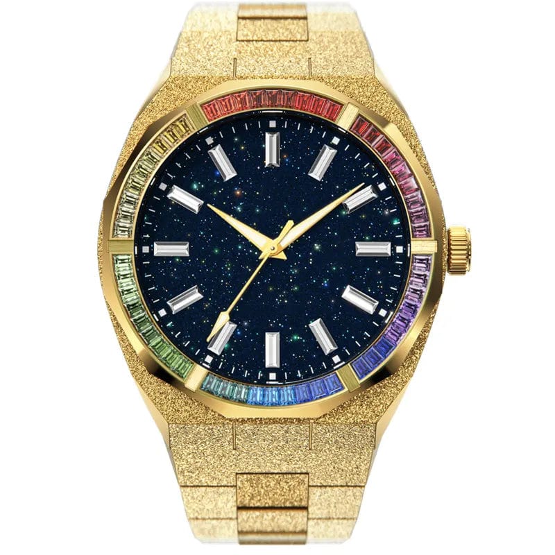 VVS Jewelry hip hop jewelry Watch Gold VVS Jewelry Frosted Star Dust Rainbow Dial Watch