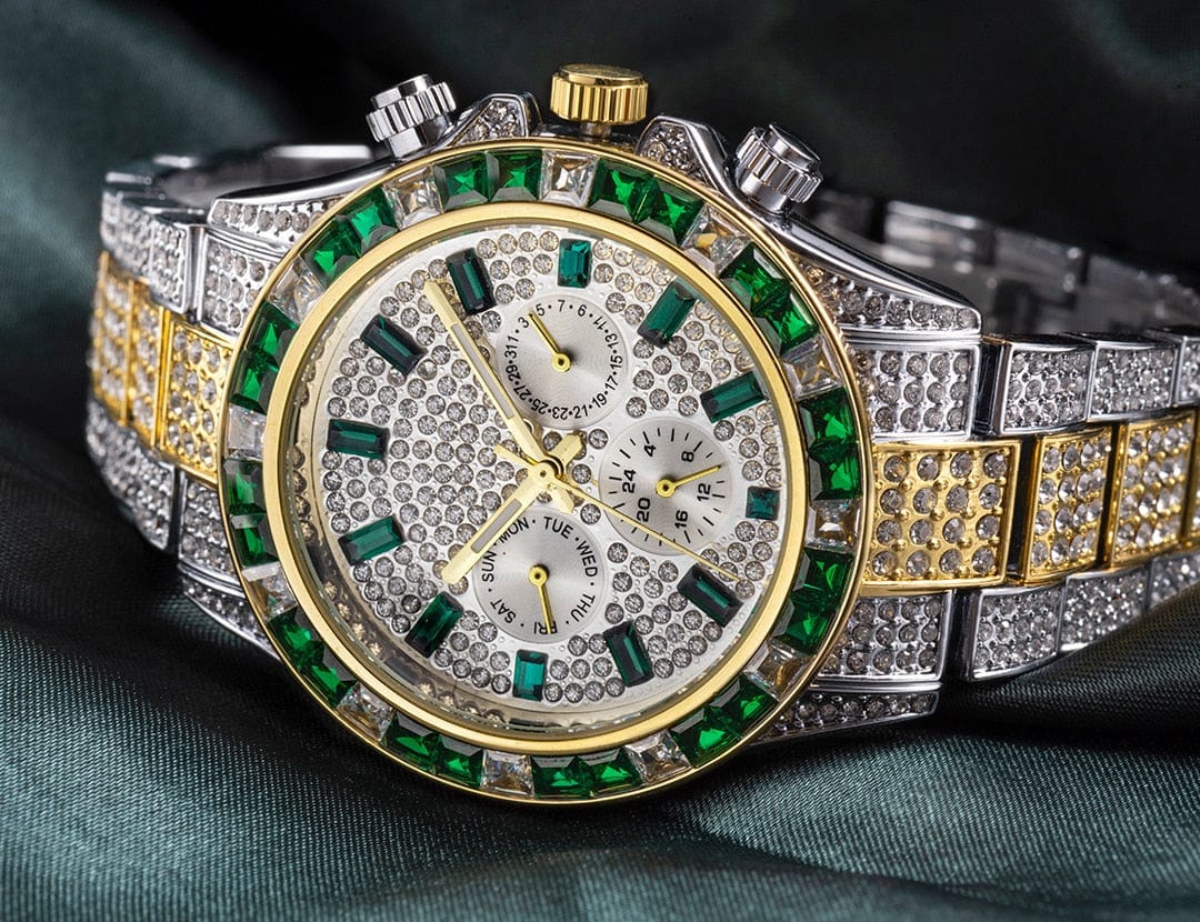 VVS Jewelry hip hop jewelry Watch VVS Jewelry Two-Tone Green Iced Out Watch