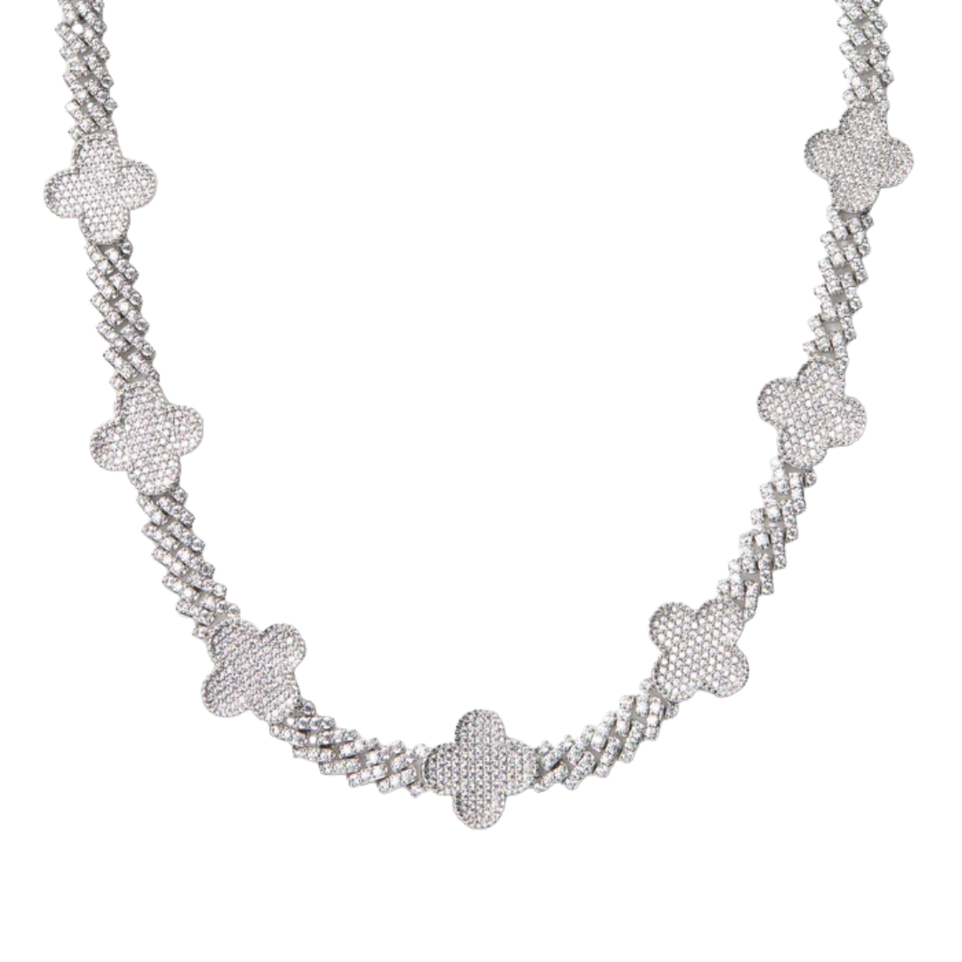 Clover Iced Prong Cuban Chain (Silver) - 8mm
