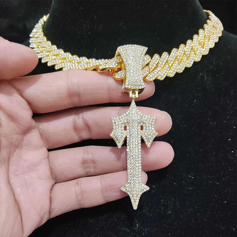 Hip Hop Letter Iced Out Cross Sword Necklace