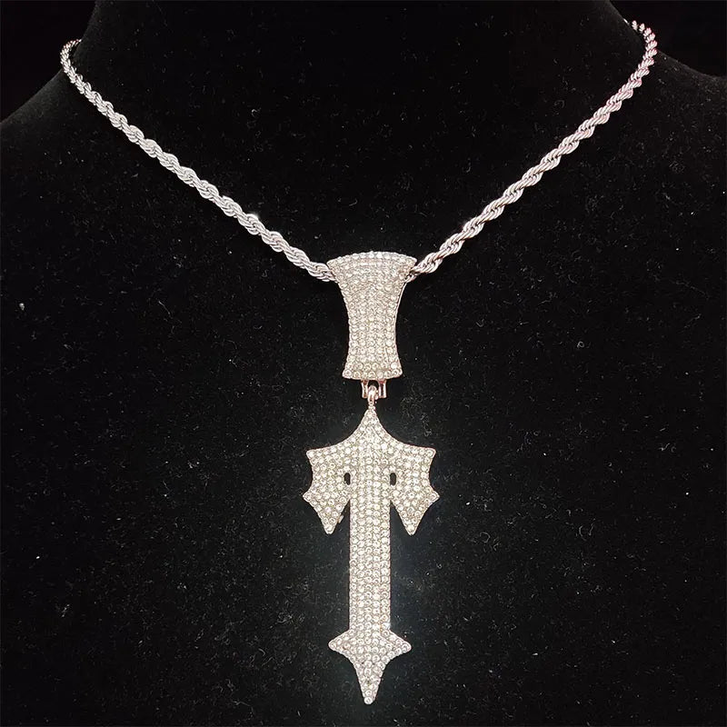 Hip Hop Letter Iced Out Cross Sword Necklace