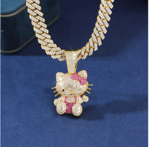 Diamond Hello Kitty Cuban Chain Pendant Necklace