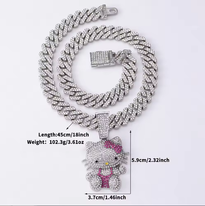 Diamond Hello Kitty Cuban Chain Pendant Necklace