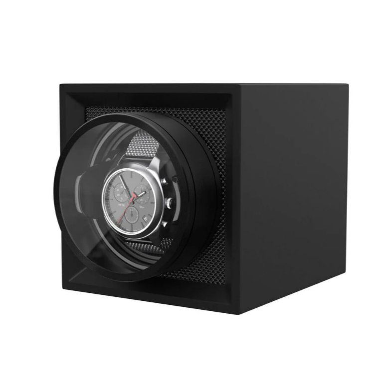 Watch Winder Single Box – Quiet Mabuchi Motor, Stackable Vegan Leather Case for Travel – Midnight Black