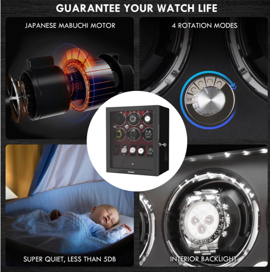 6 Classic Watch Winders for Automatic Watches with 5 Display Slots – Red