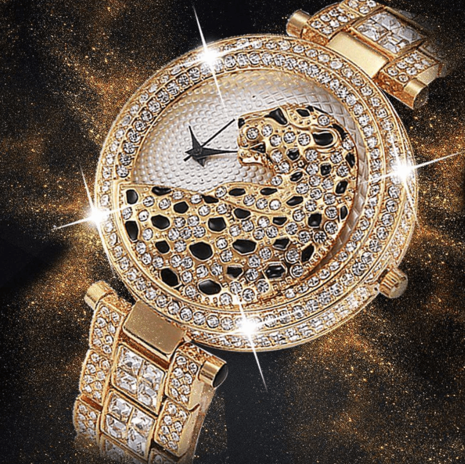 Hip Hop Fresh Jewelry hip hop jewelry Rose Gold 18k Gold Quartz Diamond Leopard Watch