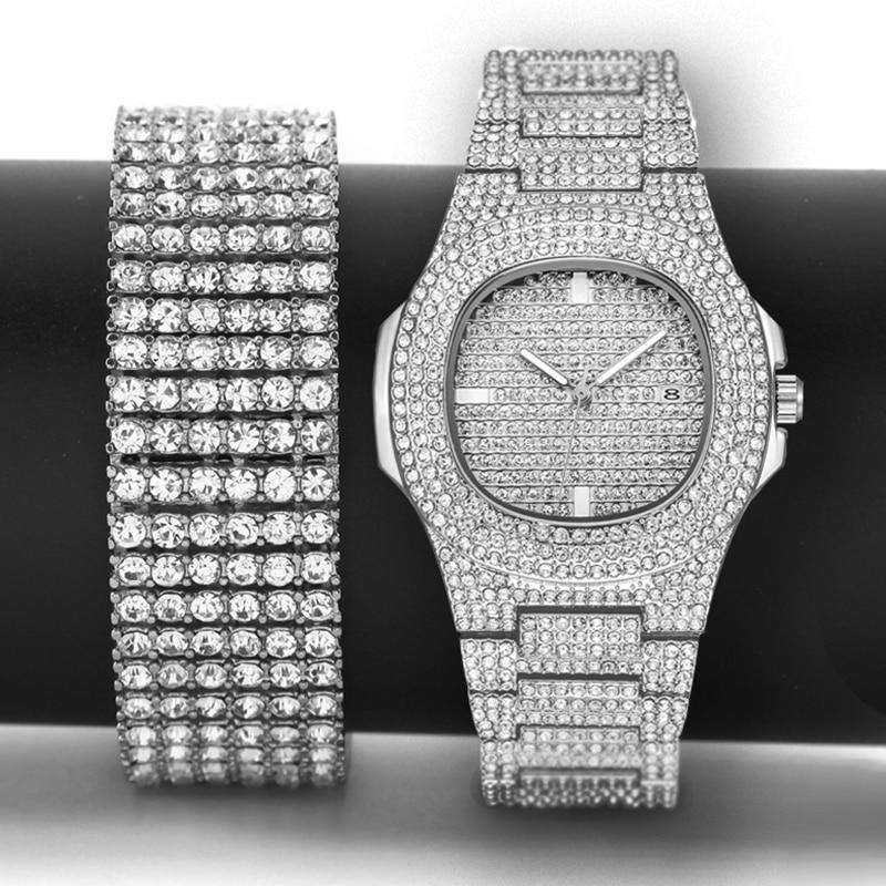 Hip Hop Fresh Jewelry hip hop jewelry Silver Combo Set Thiccc Bracelet and Watch Combo