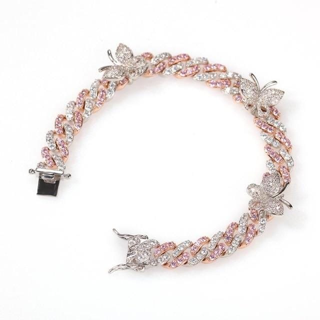 Jewelhery hip hop jewelry bracelet pink silver / 6inch Cuban Link Butterfly Bracelet