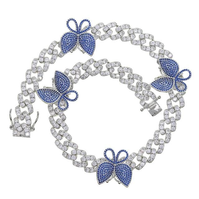 Jewelhery hip hop jewelry Silver + Blue / 15inch 12MM Miami cuban link chain pink butterfly choker