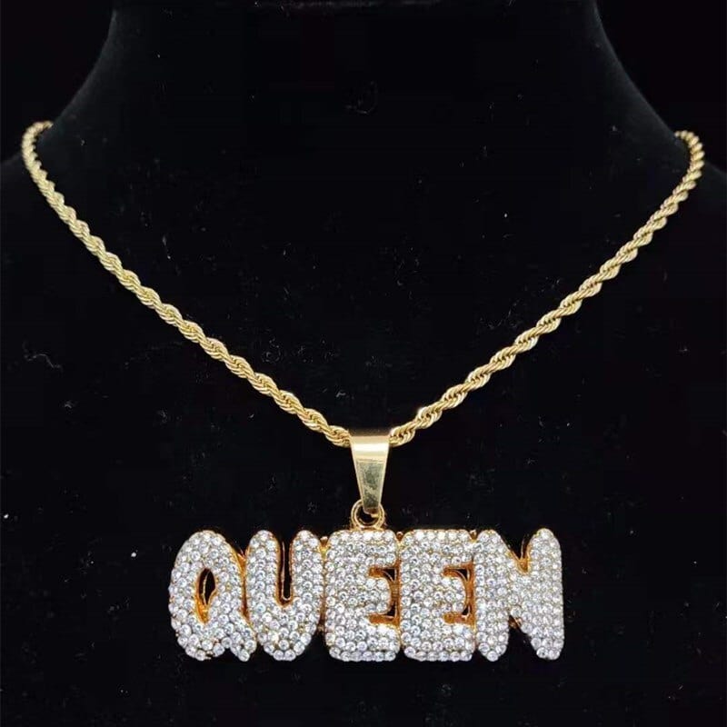 VVS Jewelry hip hop jewelry 0 Gold QUEEN with Rope Chain / 16inch KING | QUEEN Iced Pendant Necklace