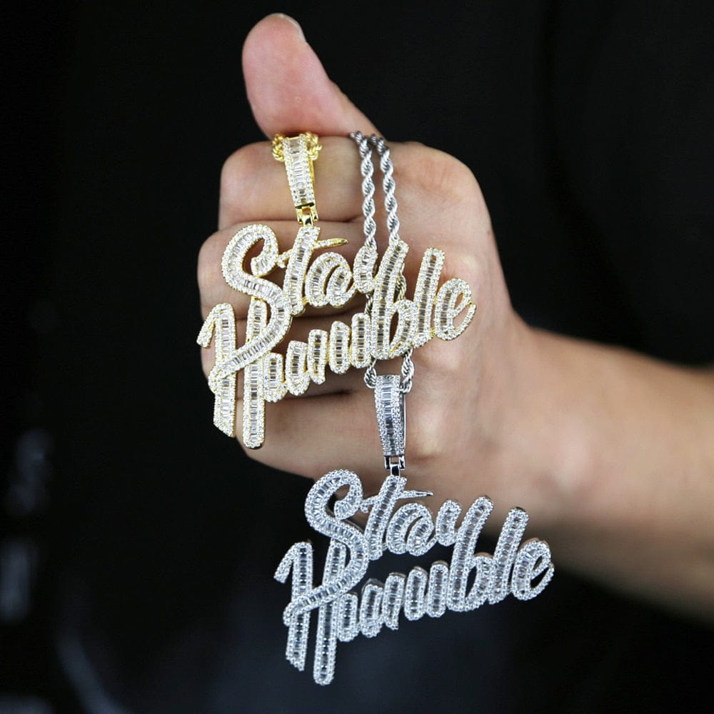 VVS Jewelry hip hop jewelry 18K Gold "Stay Humble" Baguette Pendant Necklace