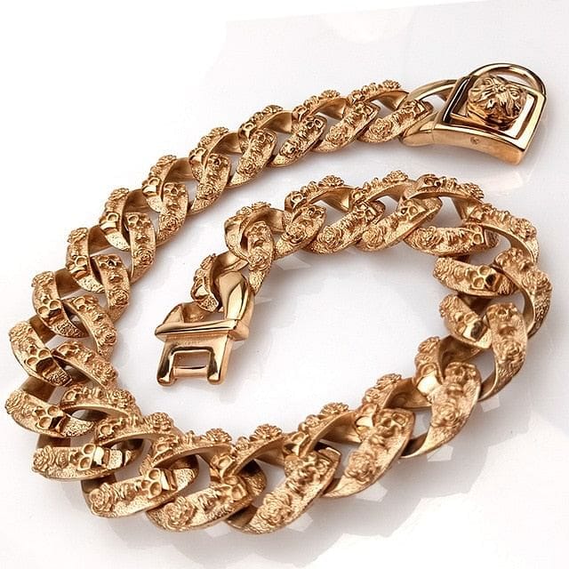 VVS Jewelry hip hop jewelry 32mm Rose Gold / 17.7" Thicc Skull Face Cuban Link Dog Collar