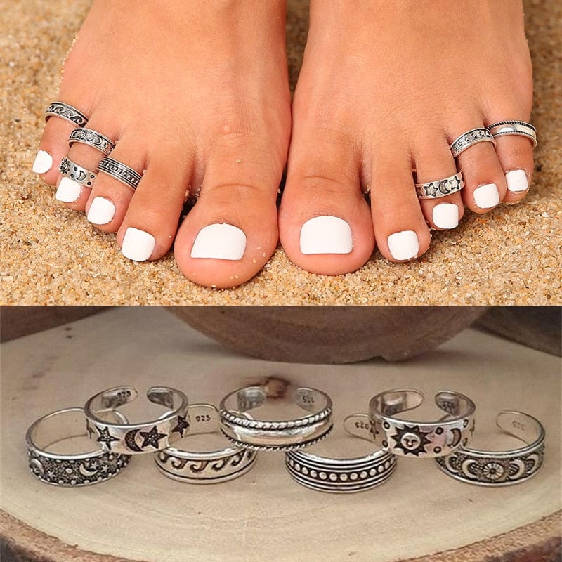 VVS Jewelry hip hop jewelry 7pcs Vintage Hallow Star and Moon Toe Rings Set