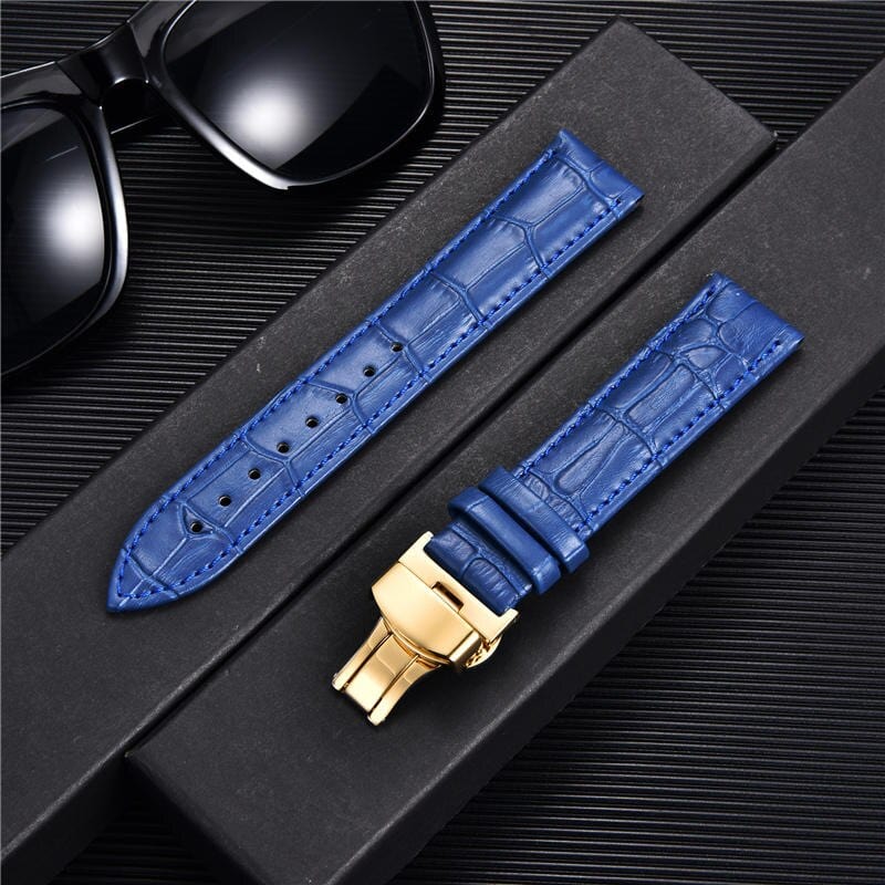 VVS Jewelry hip hop jewelry Blue-gold / 18mm Bamboo Pattern Leather Watch Strap