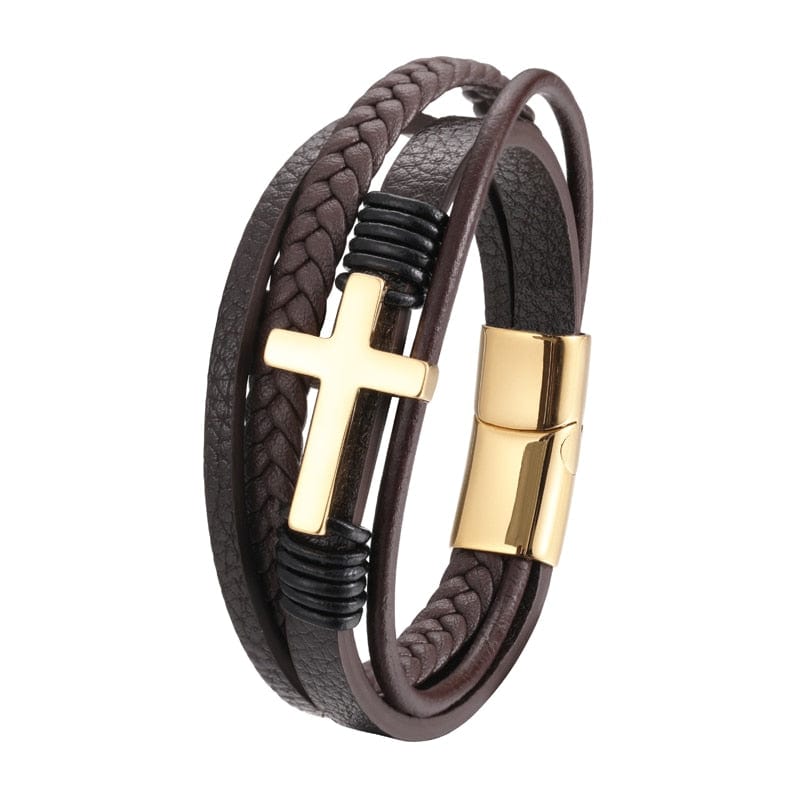 VVS Jewelry hip hop jewelry bracelets Gold / 18.5cm Multi-Layer Cross Leather Bracelet