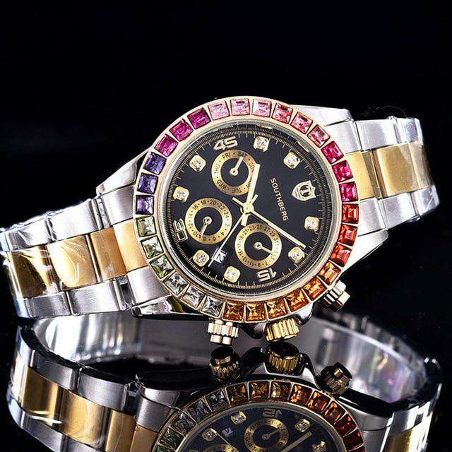 VVS Jewelry hip hop jewelry Brown Luxury Quartz Rollie Style Watch with Color Rhinestone