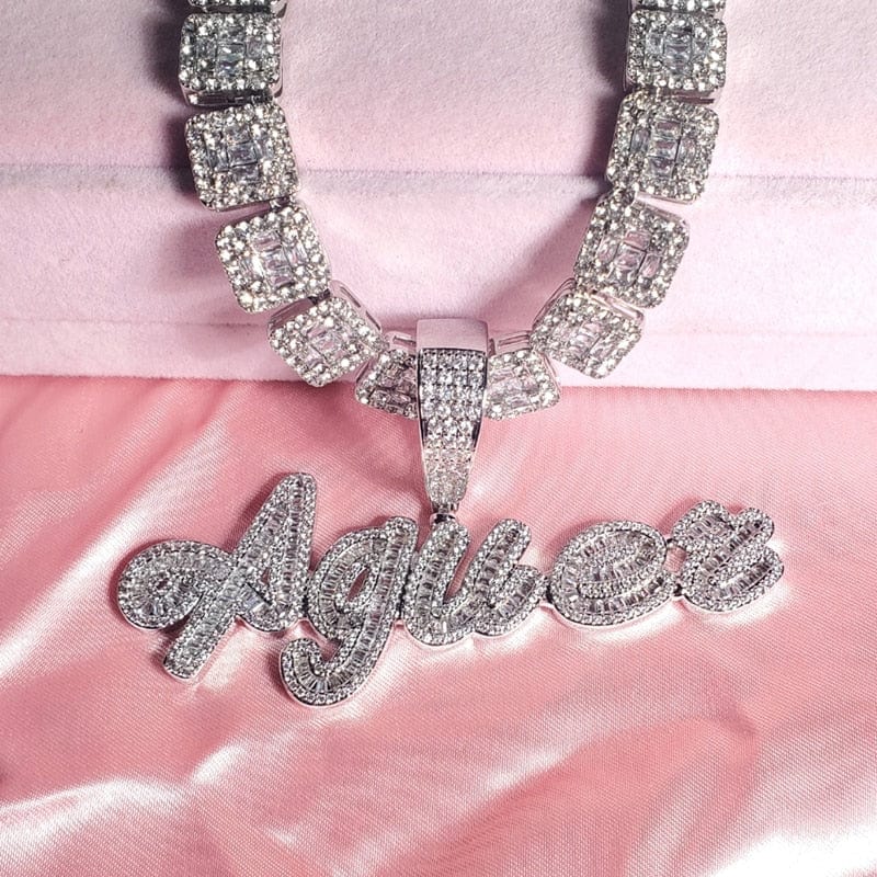 VVS Jewelry hip hop jewelry Custom Brush Script Name Pendant with Baguette Tennis Chain