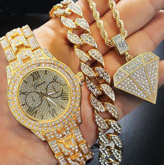 VVS Jewelry hip hop jewelry Drip Icy Cuban Chain Bracelet + Diamond Necklace + Watch Set