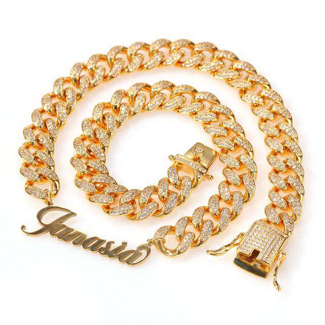 VVS Jewelry hip hop jewelry Gold / 16" / 1 Iced Princess Custom Name/Font Cuban Choker Necklace